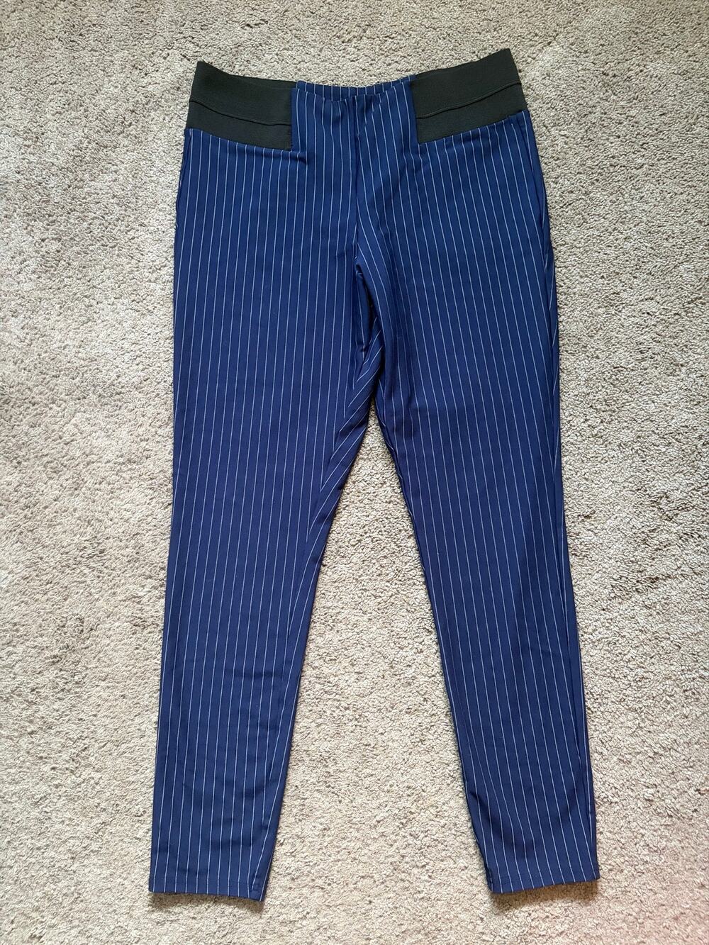 Simply Vera Vera Wang Navy White Striped Pants Sz L Elastic Waistband Career